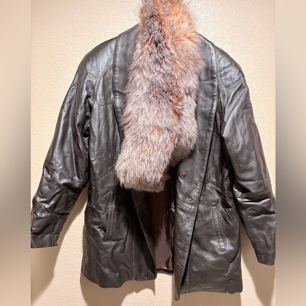 Chosen Couture Collection Brown Leather Coat with Real Fox Fur Detachable Collar